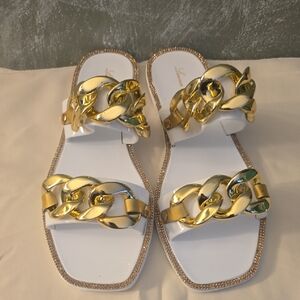 Lauren Larraine Chan In White, Gold Chain Link Sandals Size 5.5 New No Box